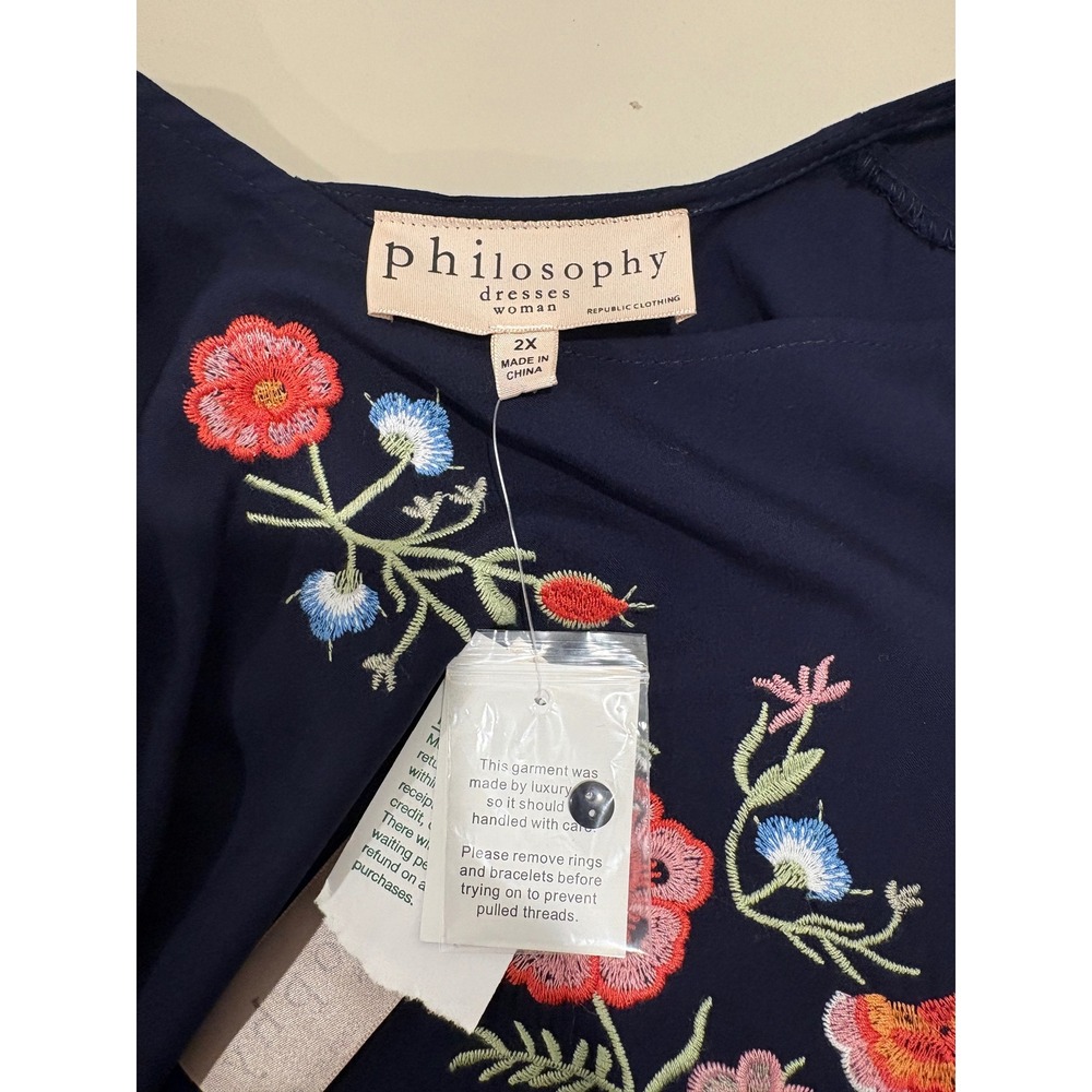 NWT Philosophy Navy Dress 2X Floral Embroidered Tiered Boho Flowy‎ Cottagecore - Picture 6 of 8